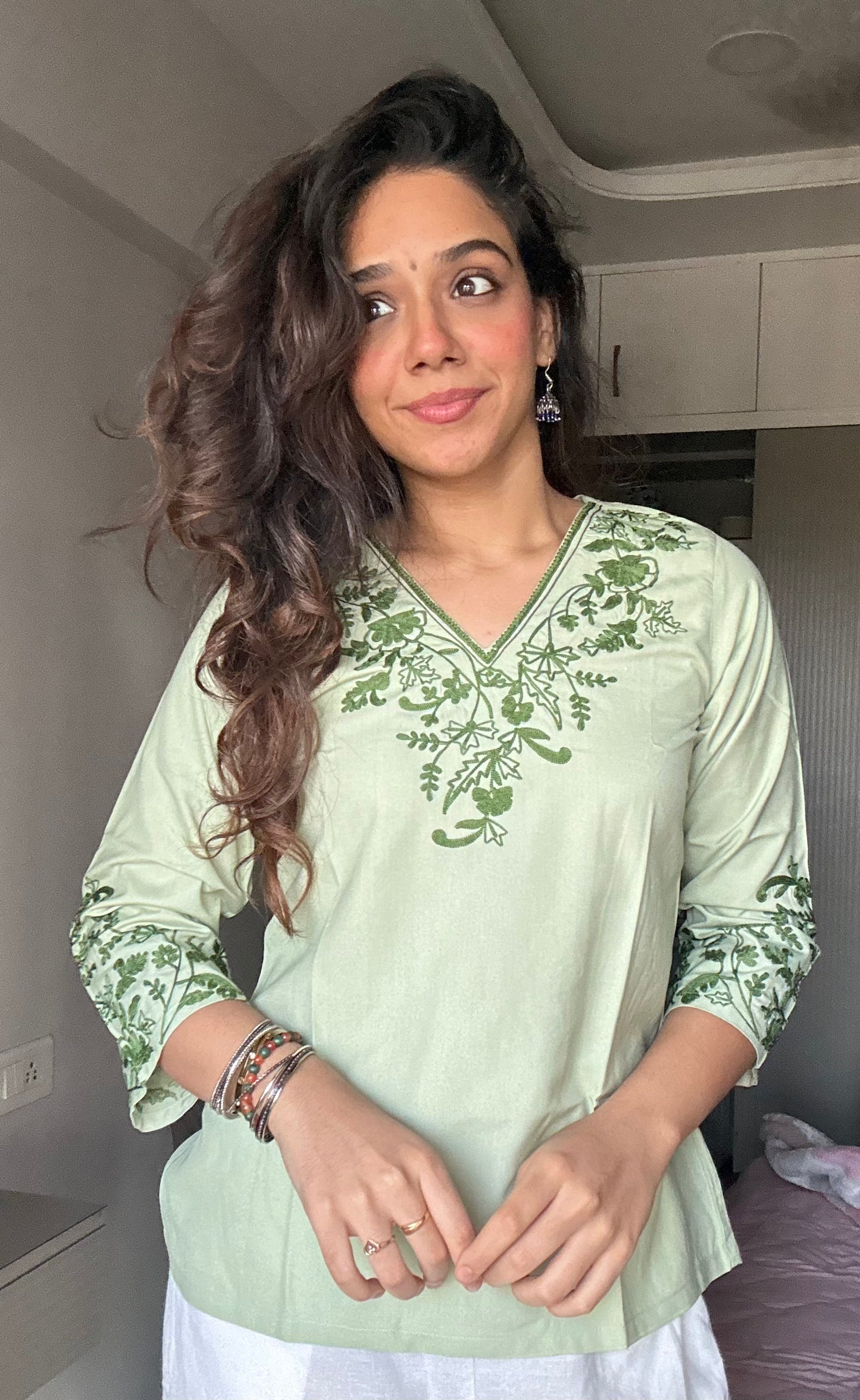 Pastel Mint Green Embroidered Poplin Kurti