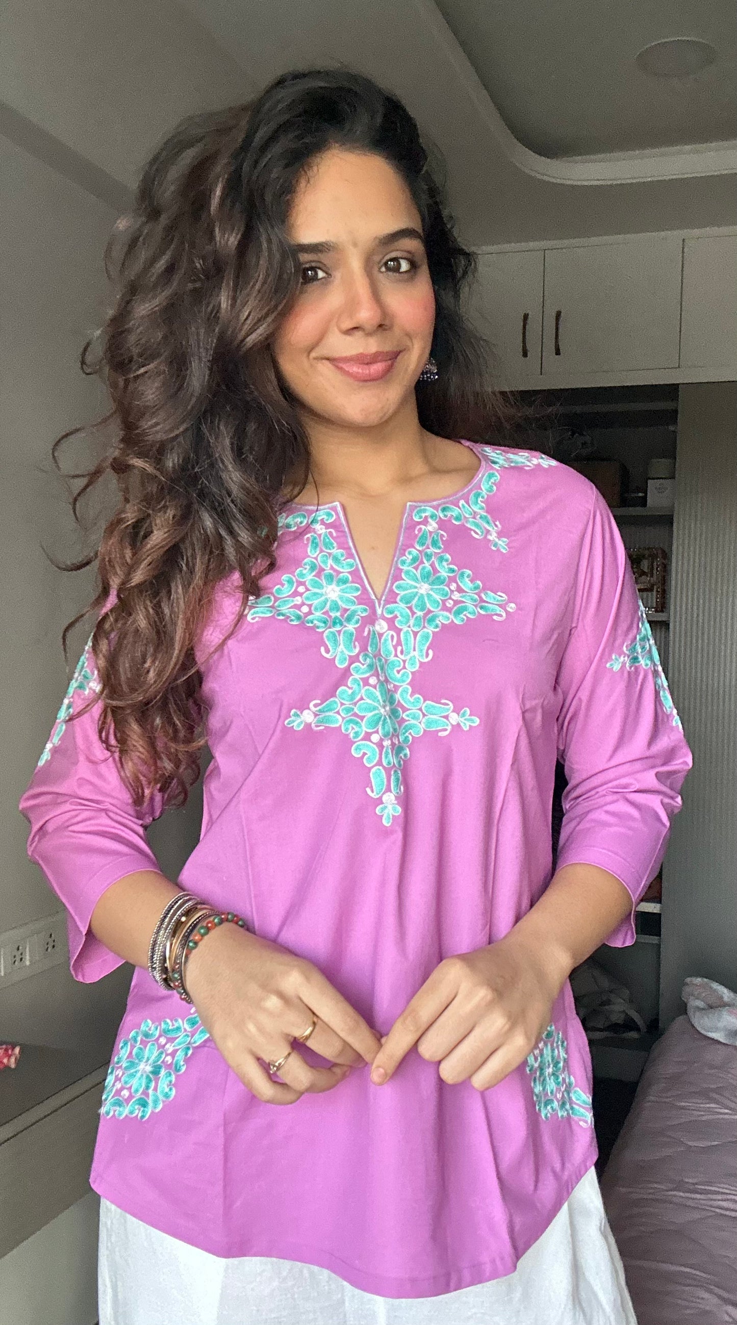 Powder Pink Embroidered Poplin Kurti