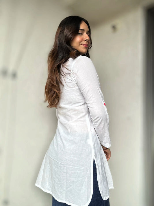 White cotton full sleeves tunic - Needle Magic
