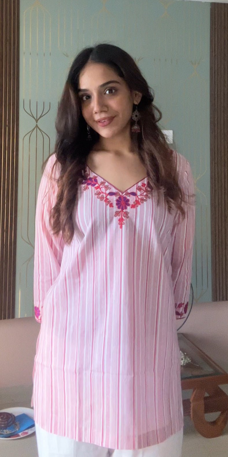 Pure cotton kurti with floral embroidery on neckline & sleeves - Needle Magic
